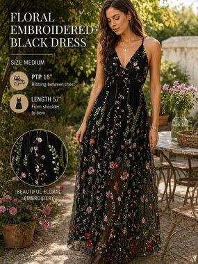 MONTREZ Black Floral Embroidered Mesh Maxi Dress - Size Medium